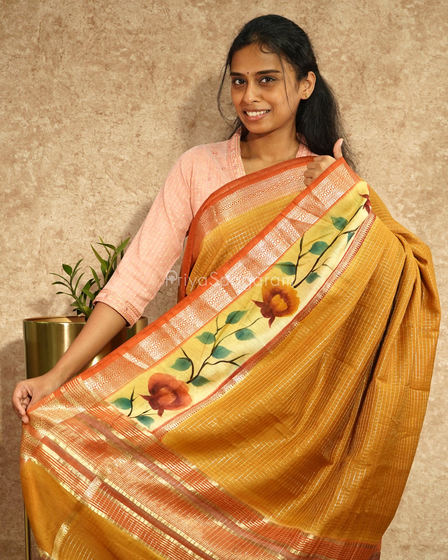 Mustard Checked Handpainted Tussar - PD630