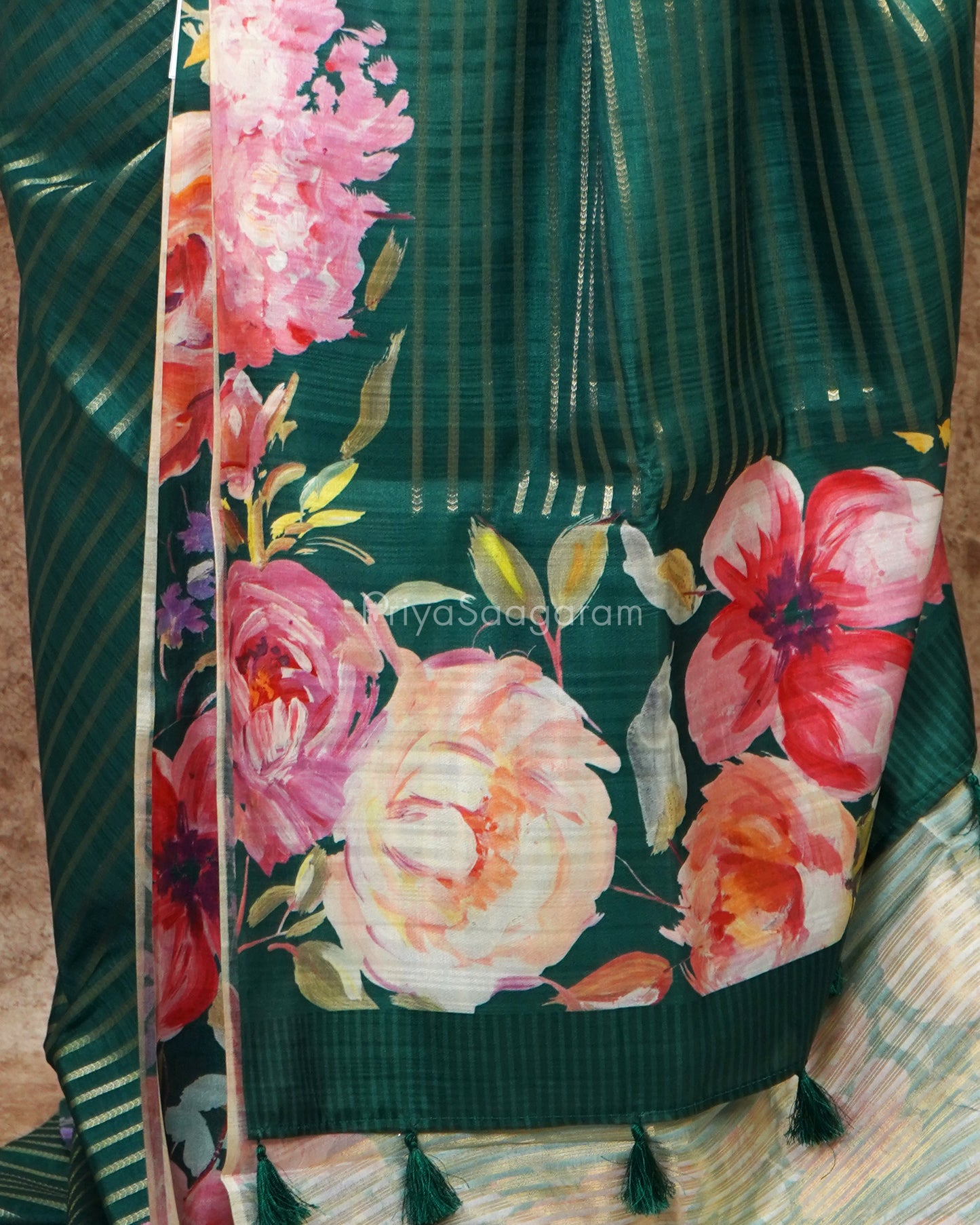 Dark Green Floral Tussar - PD1971