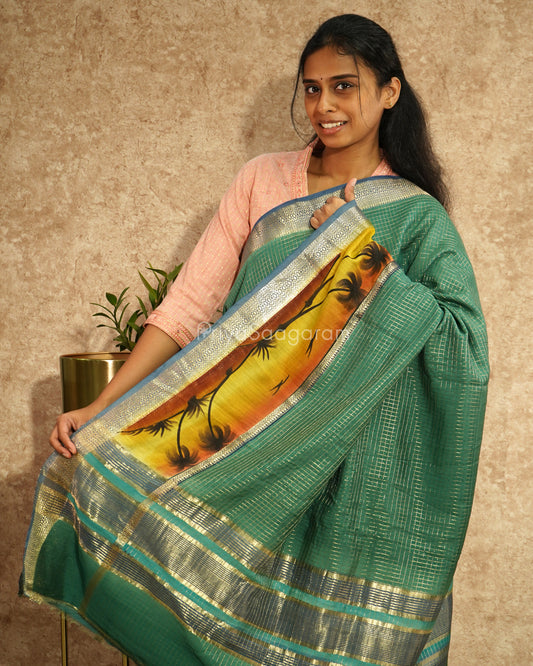 Green Checked Handpainted Tussar - PD622