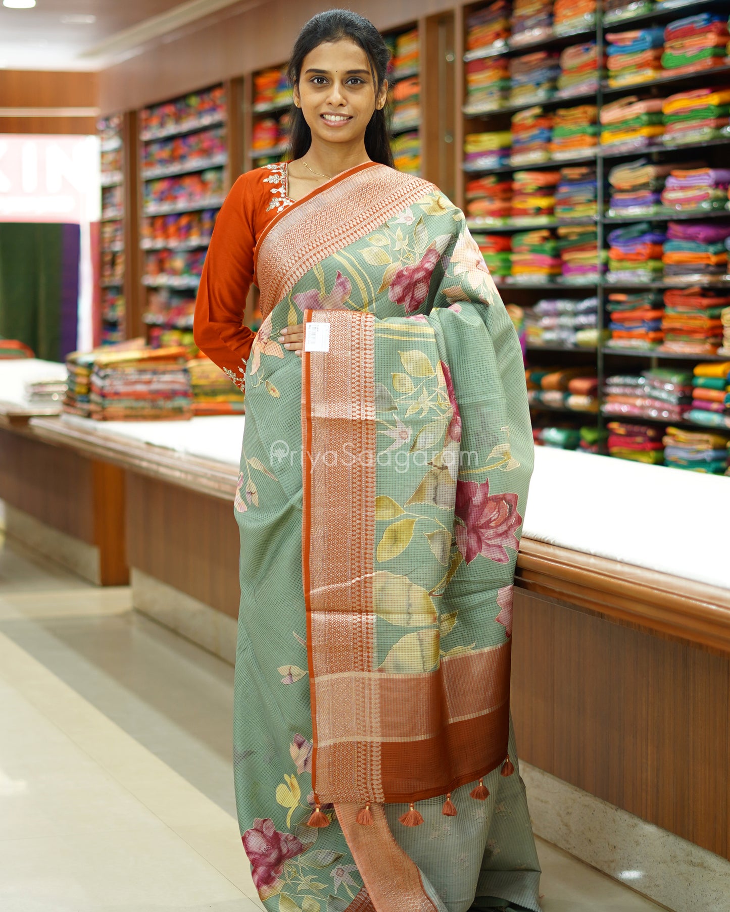 Fern Green Floral Supernet Silk Cotton - PD881