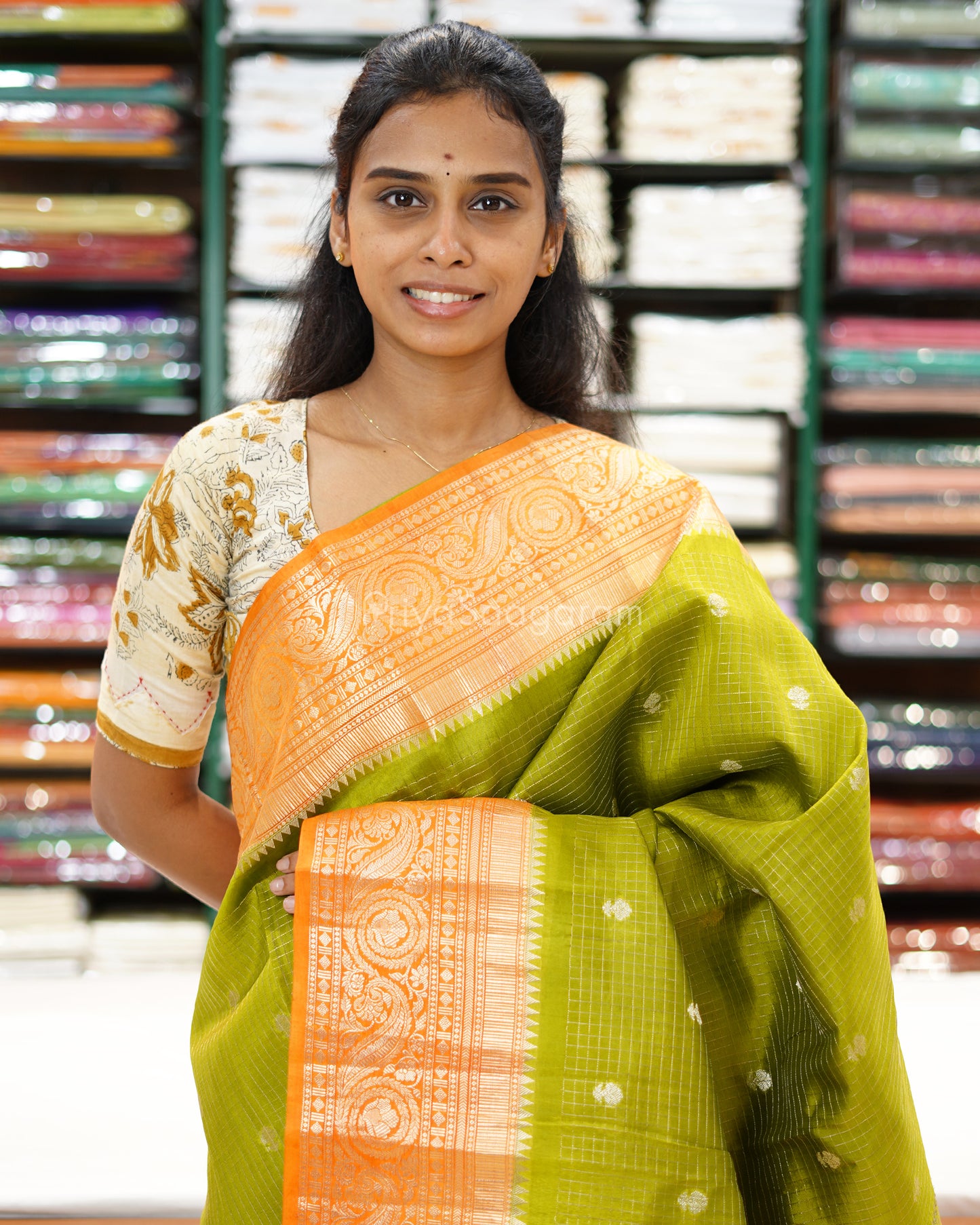 Leaf Green Orange Kanchi Banaras Silk - PD1061