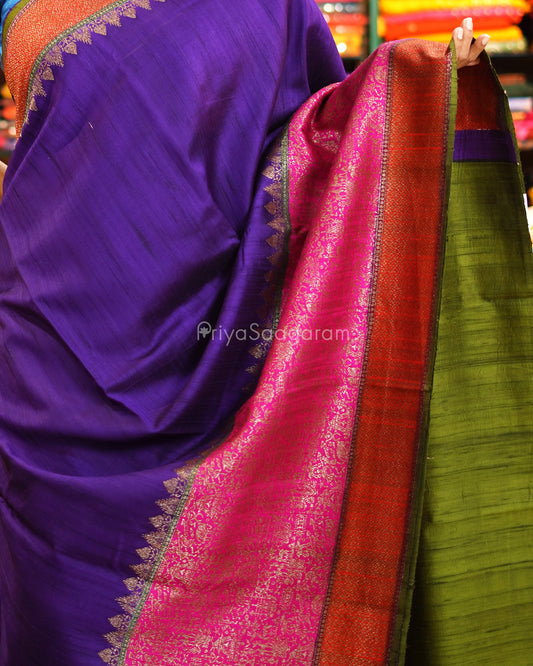 Violet Multi Colour Border Matka Silk - PE5804