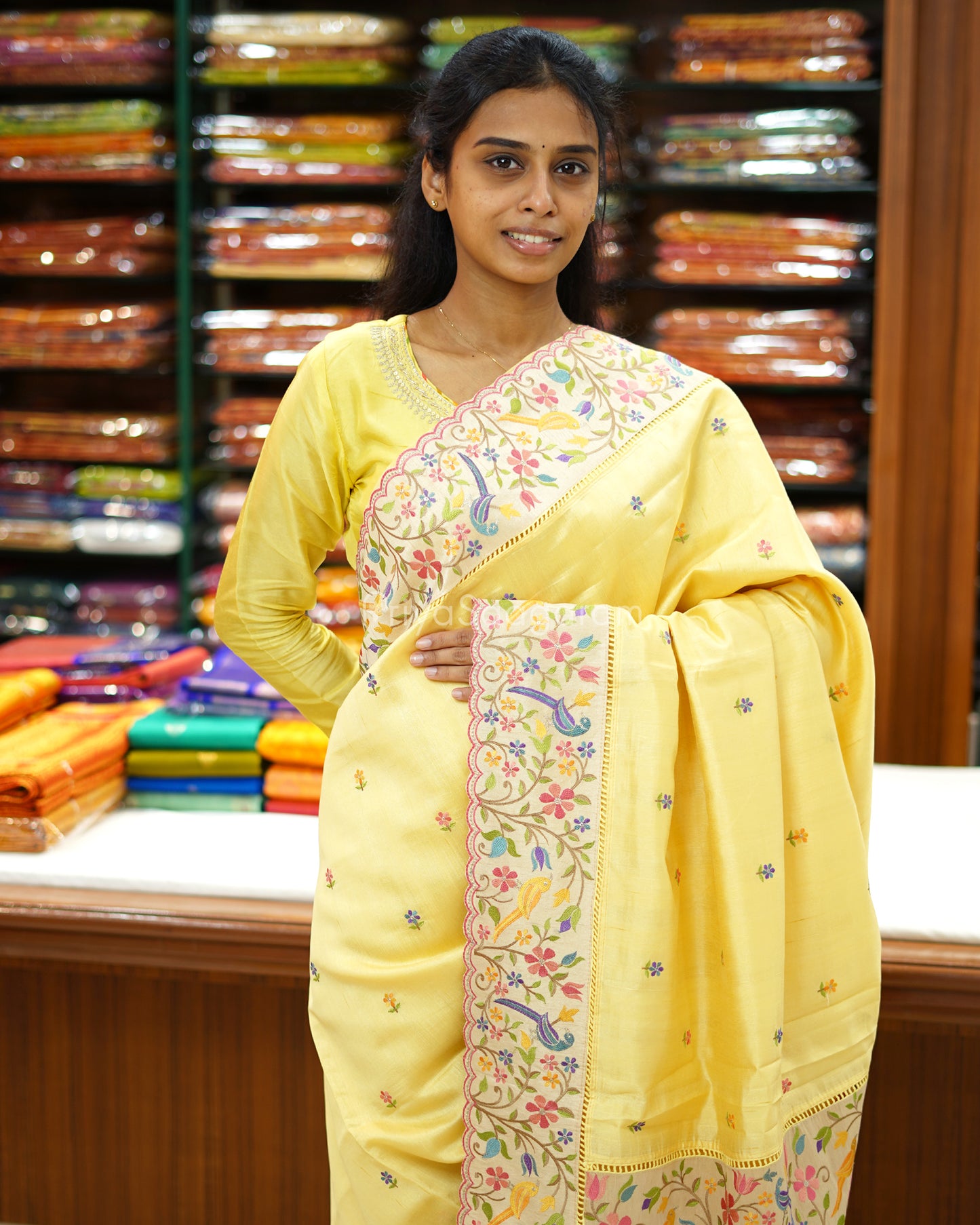 Pastel Yellow Embroidery Tussar - PD3865