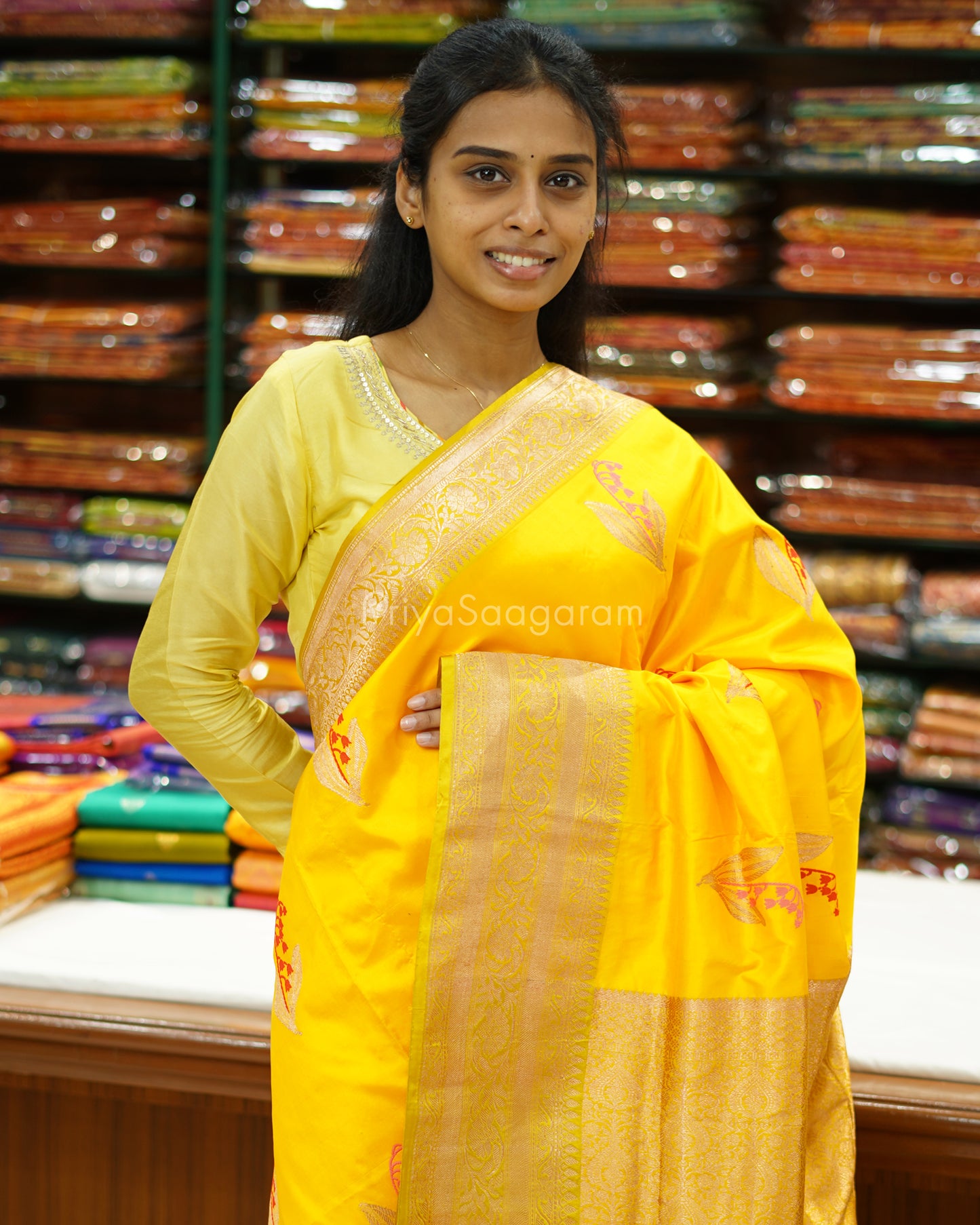 Sunshine Yellow Embroidery Katan Silk - PD3930