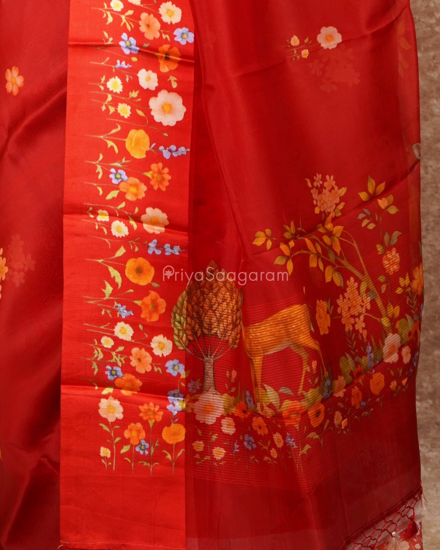 Red Floral Satin Border Kora Silk - PD4551