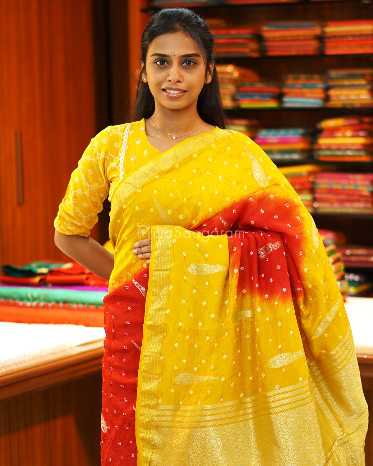 Yellow Red Banaras Bandhani - PE2768