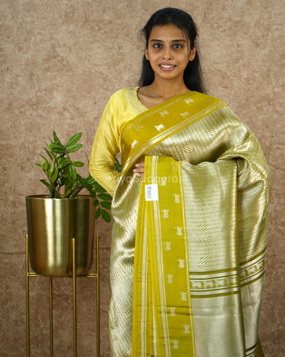 Green Geometric Weaving Raw Mango Silk - PD3914