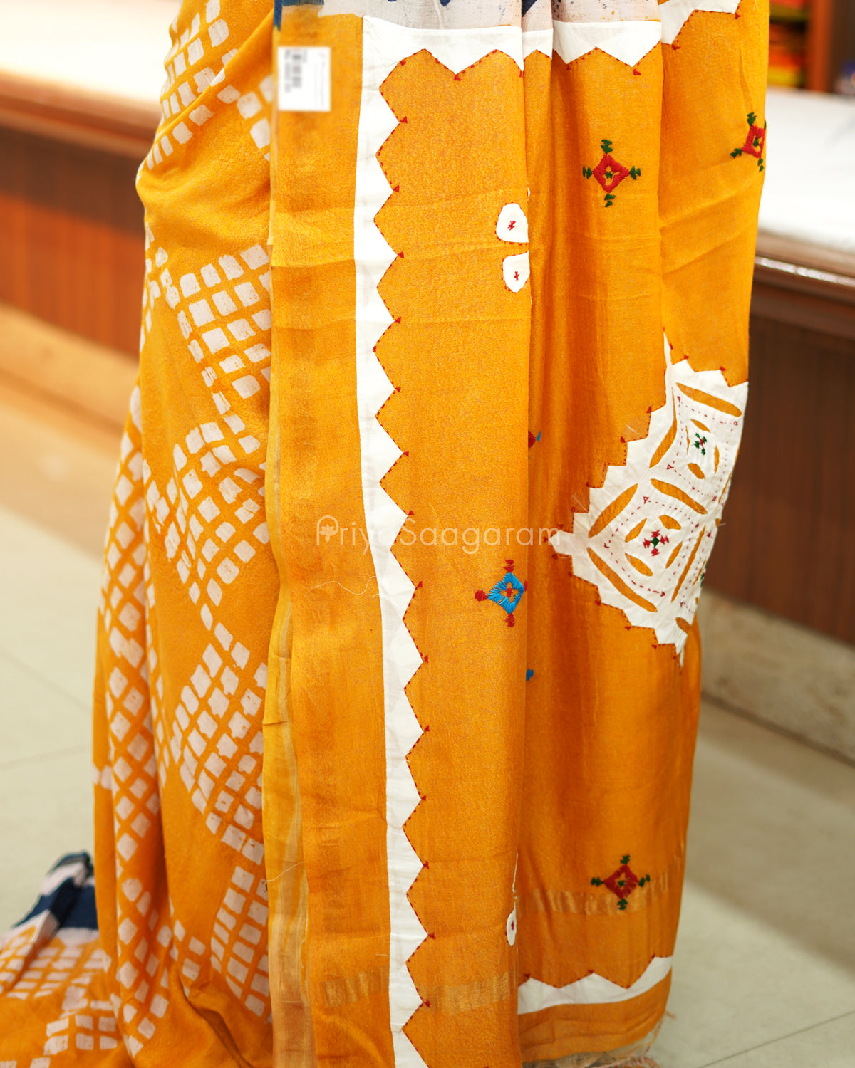 Yellow Blue Abstract Applique Chanderi - PE68