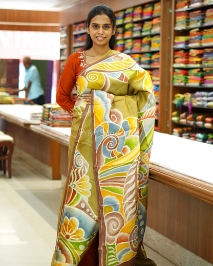 Moss Green Handpainted Murshidabad Tussar - PD586