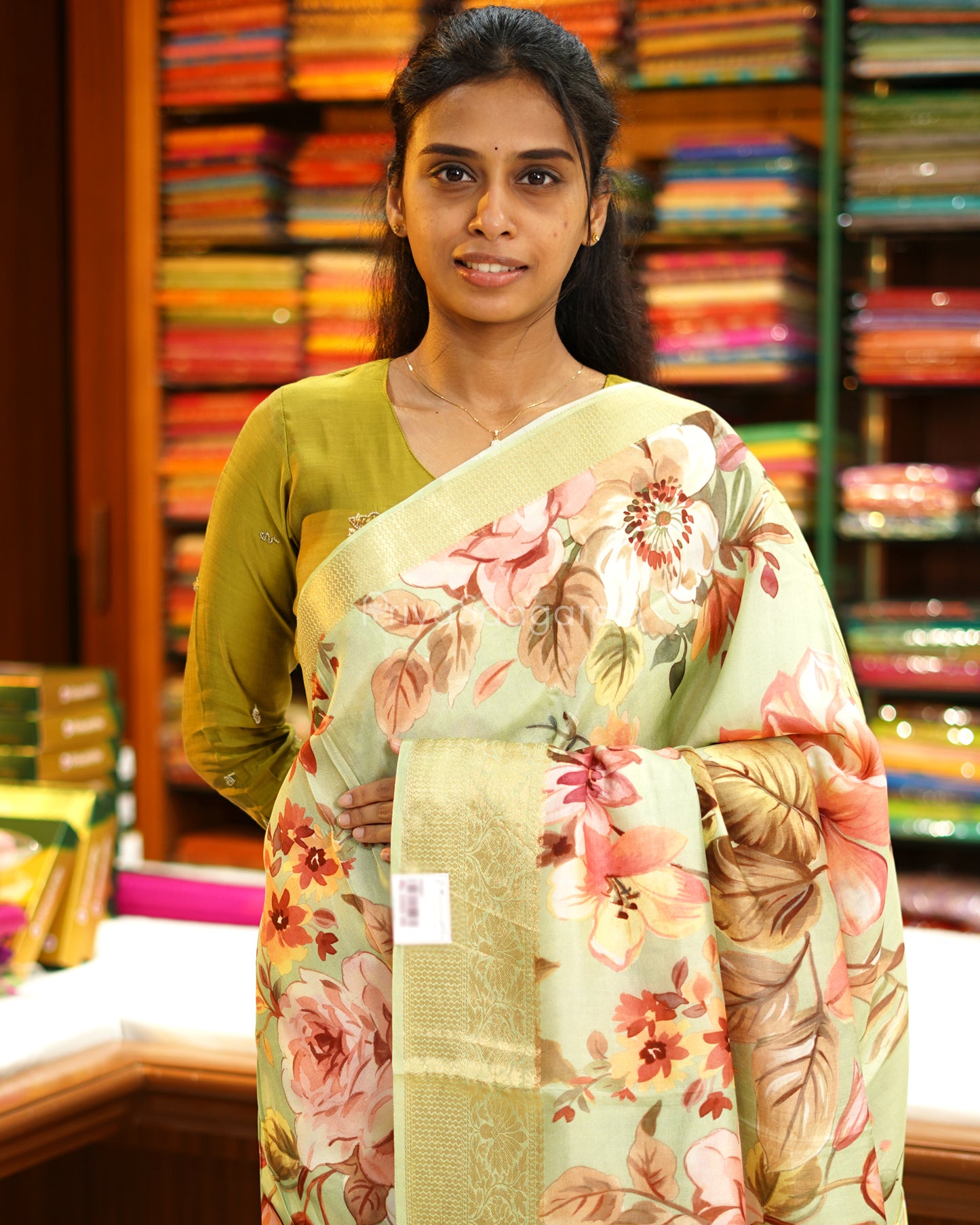 Pistachio Green Floral Chiniya Silk - PD987