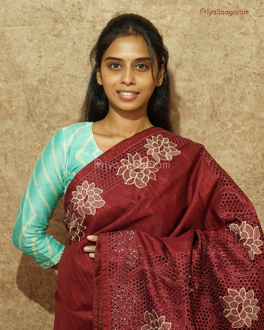 Maroon Cutwork Tussar - PD1026
