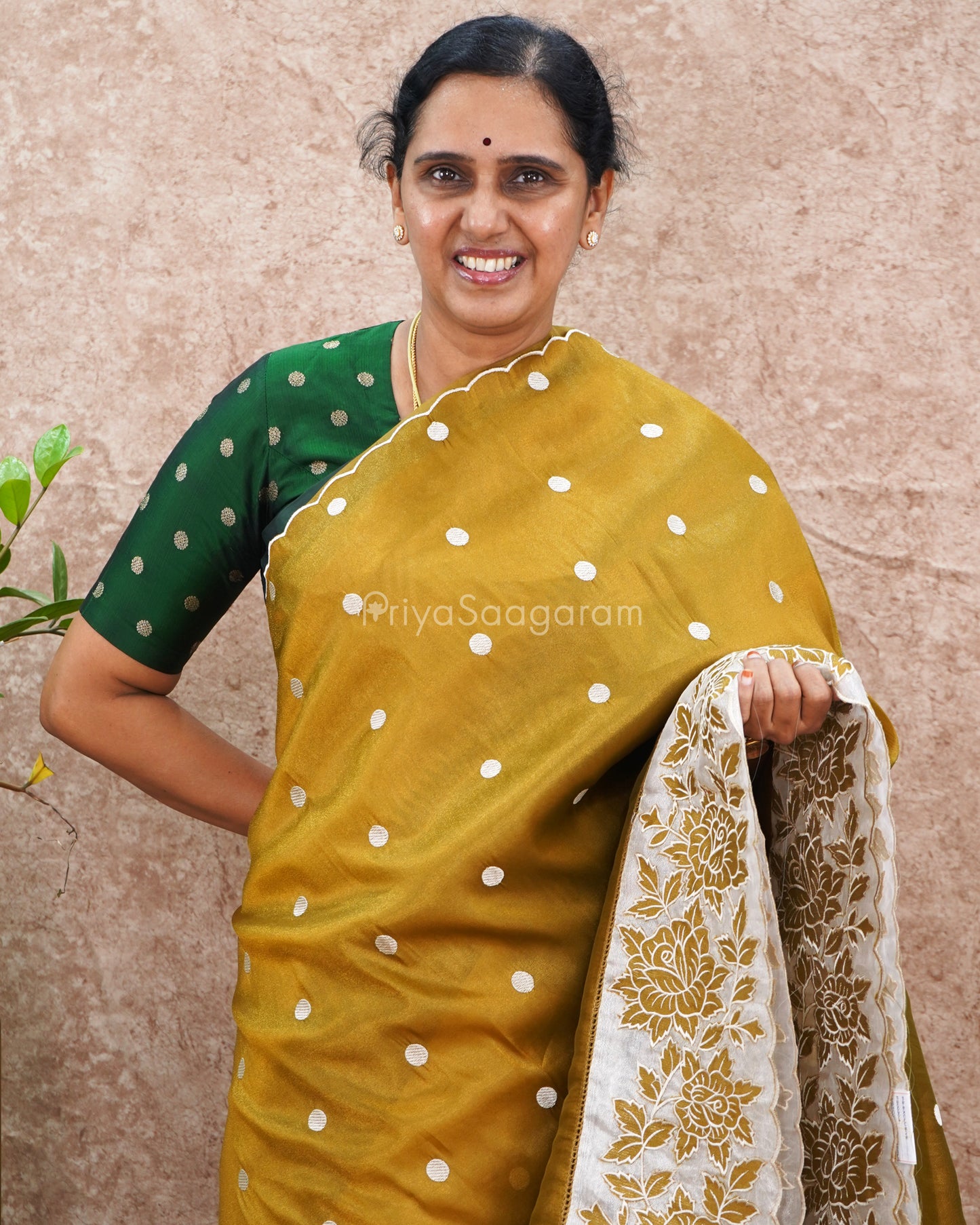 Olive Green Polka Dots Tissue Silk - PD5001