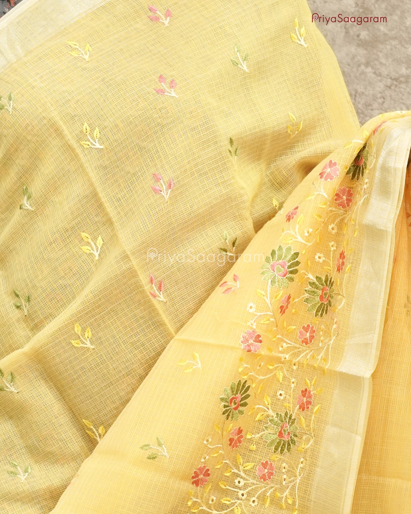 Yellow Floral Embroidery Kota Cotton - PC3619