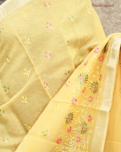 Yellow Floral Embroidery Kota Cotton - PC3619