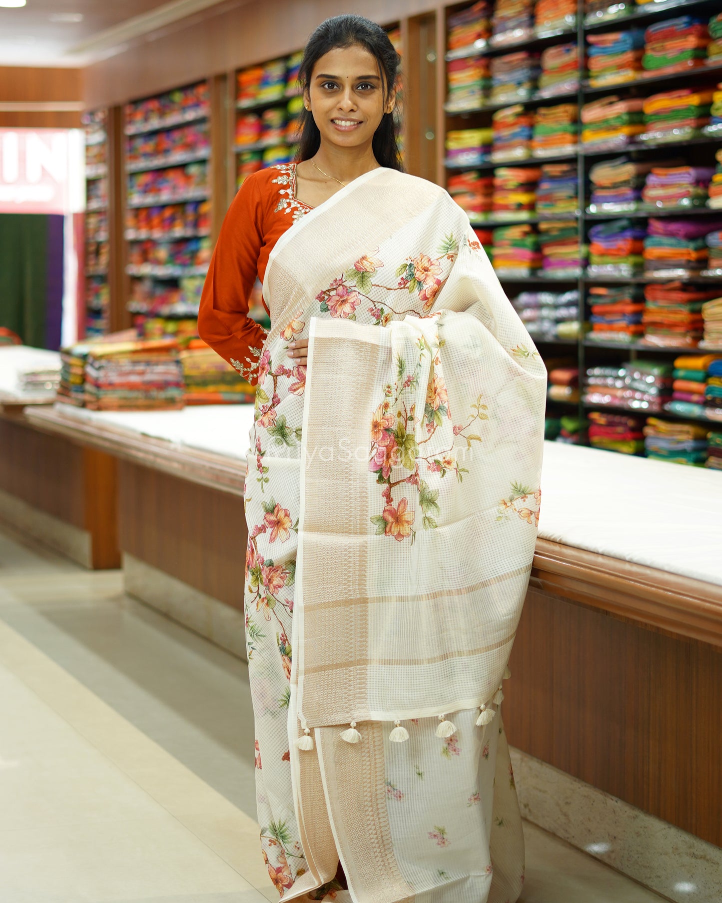 White Floral Supernet Silk Cotton - PD883