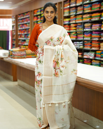 White Floral Supernet Silk Cotton - PD883