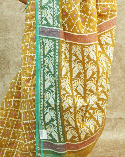 Mustard Blue Work Dhaka Cotton (No Blouse) - PE394