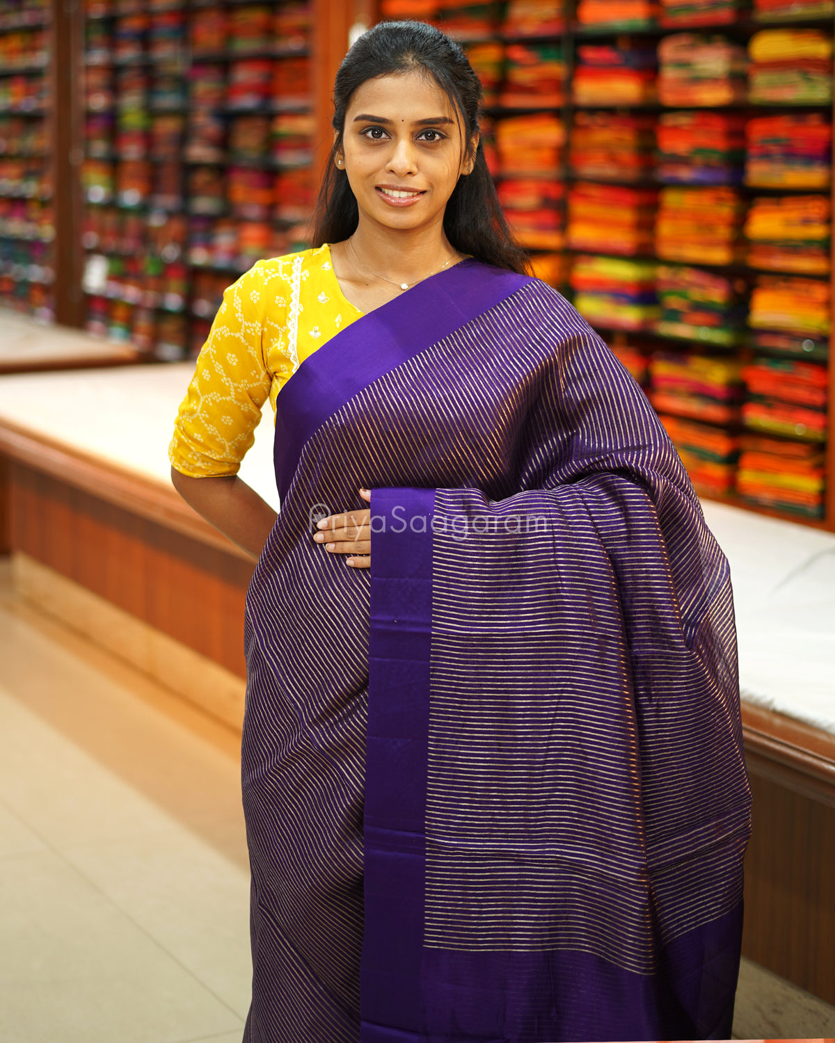 Dark Purple Satin Border Striped Tussar - PE2783