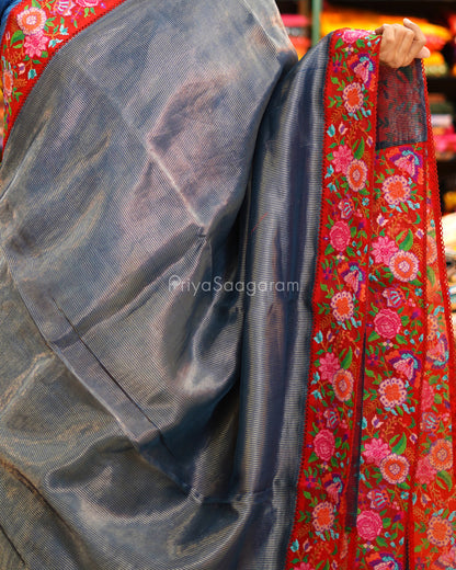Blue Embroidery Tussar Border Kora Silk - PE6456