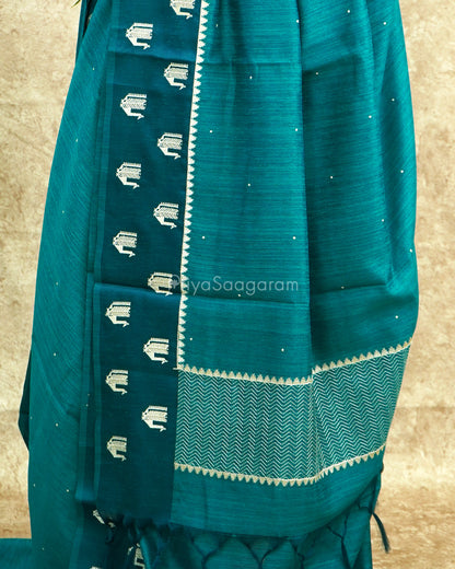 Peacock Blue Pitta Work Tussar - PE448