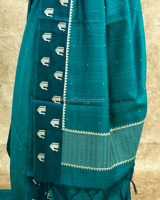 Peacock Blue Pitta Work Tussar - PE448