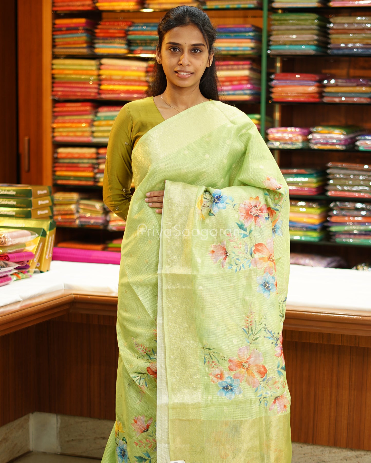 Bright Green Embroidery Silk Kota - PD669