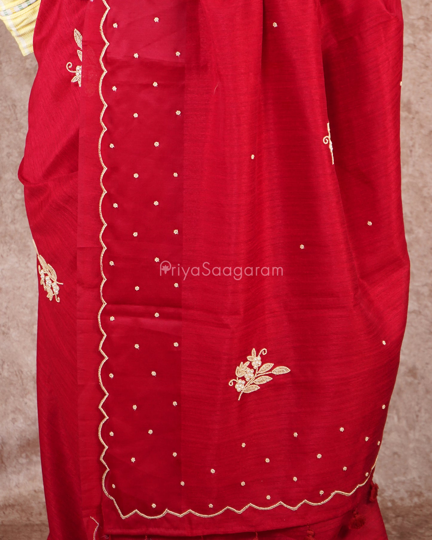 Chilli Red Stone Work Tussar - PD5018