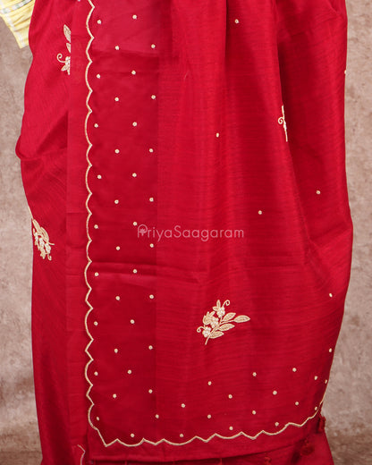 Chilli Red Stone Work Tussar - PD5018
