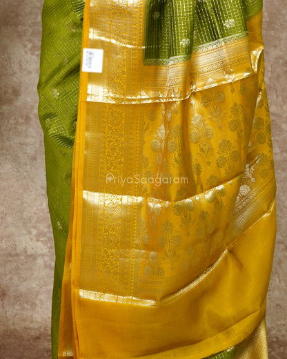 Green Yellow Checked Chiniya Silk - PD4524