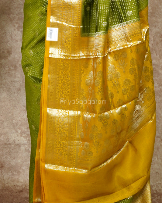 Green Yellow Checked Chiniya Silk - PD4524