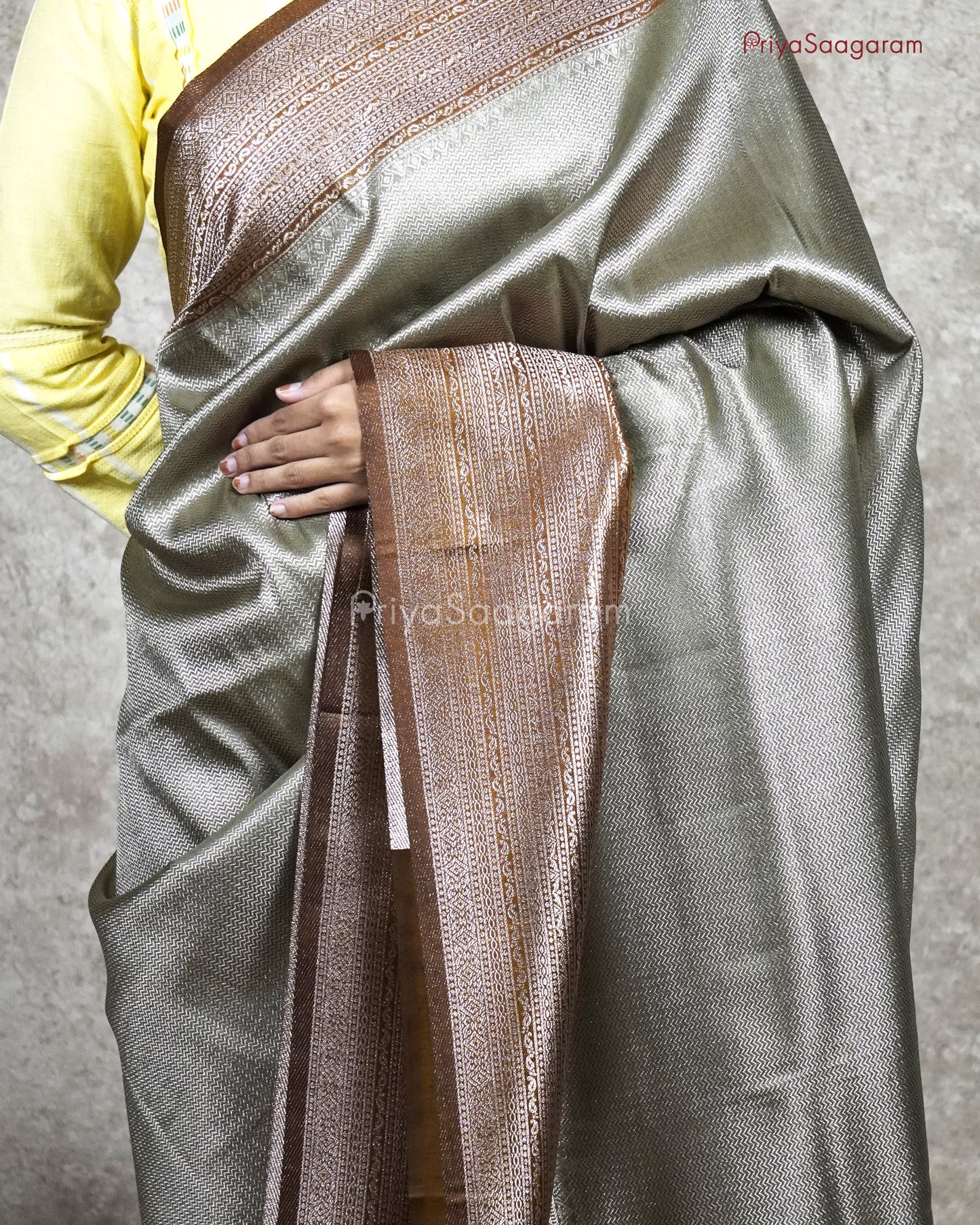 Metallic Olive Grey Banaras Silk - PC77