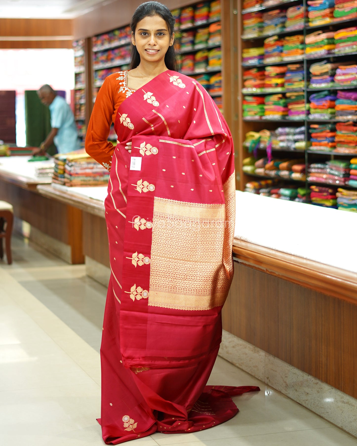 Dark Pink Satin Border Raw Mango Silk - PD1075