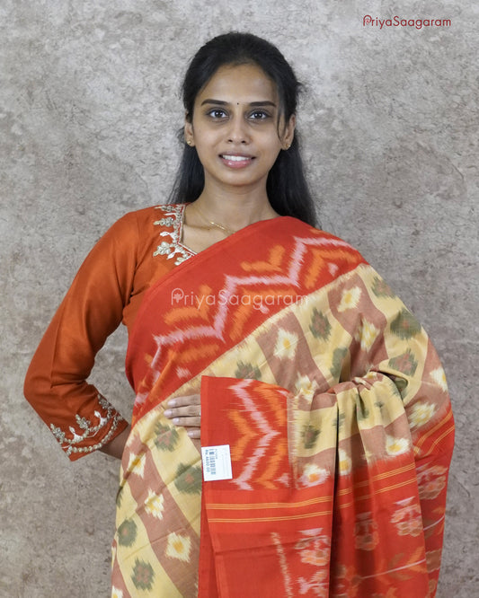 Mustard Red Ikkat Cotton - PC1008
