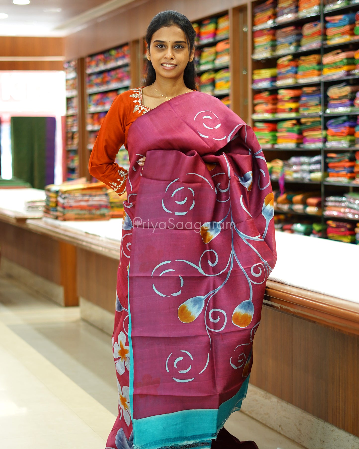 Maroon Blue Handpainted Murshidabad Tussar - PD582