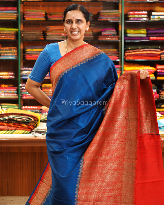 Cobalt Blue and Red Matka Silk - PE5801