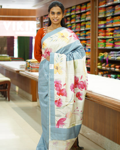 Light Blue Floral Tussar - PD809
