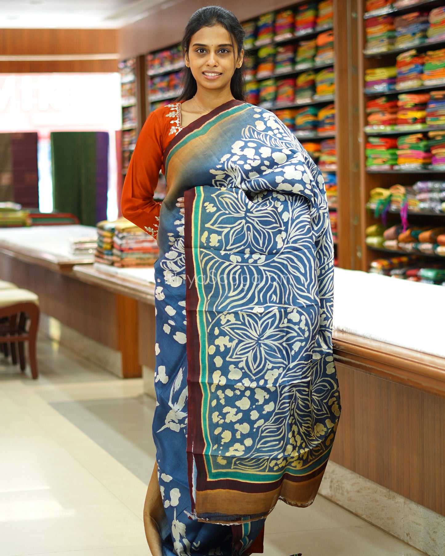 Blue Cream Handpainted Murshidabad Tussar - PD591