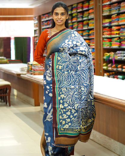Blue Cream Handpainted Murshidabad Tussar - PD591