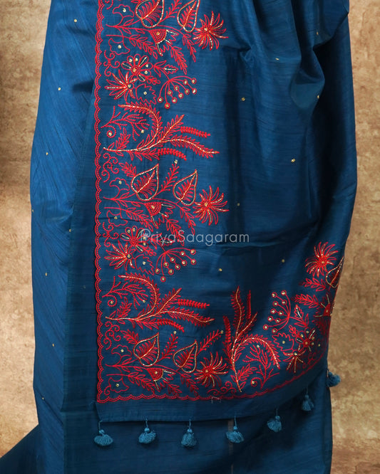Blue with Red Embroidery Tussar - PD4633
