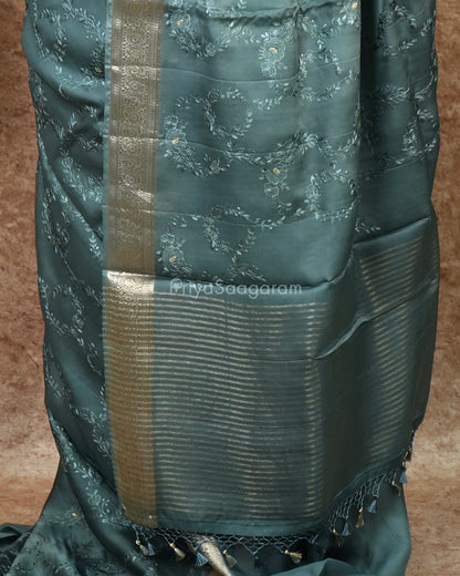 Blue Embroidery Crepe Silk - PD2728