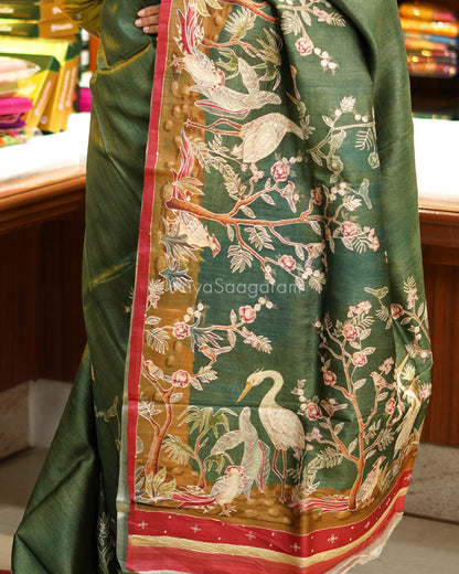 Bottle Green Aari Work Tussar - PC3398