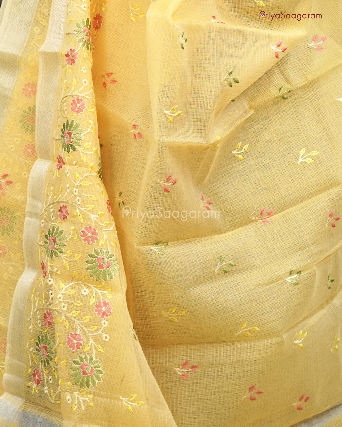 Yellow Floral Embroidery Kota Cotton - PC3619