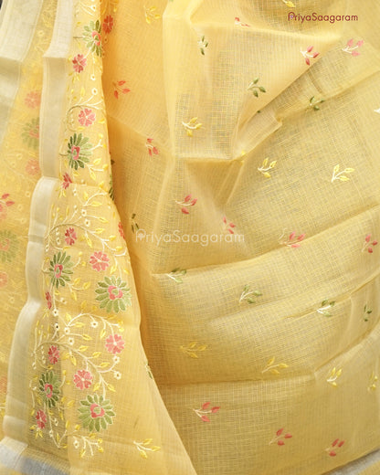 Yellow Floral Embroidery Kota Cotton - PC3619