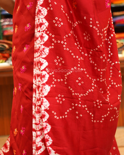 Red Embroidery Bandhani Raw Mango Silk - PE6490