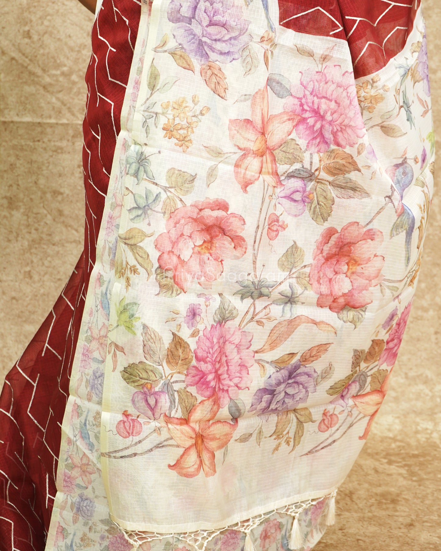 Crimson Red Floral Silk Kota - PD1848