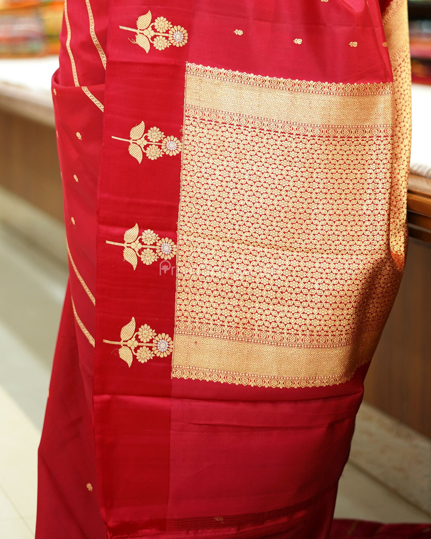 Dark Pink Satin Border Raw Mango Silk - PD1075