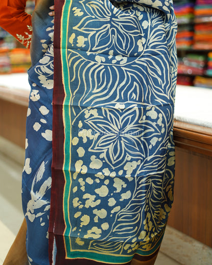 Blue Cream Handpainted Murshidabad Tussar - PD591