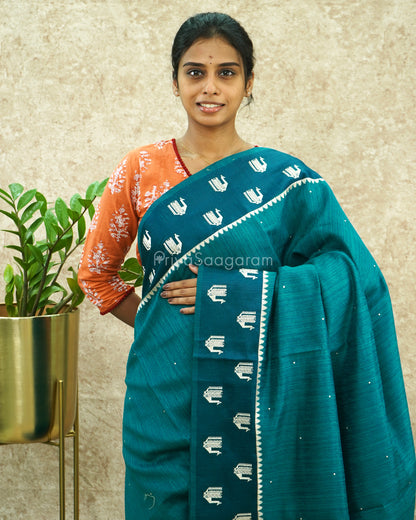 Peacock Blue Pitta Work Tussar - PE448