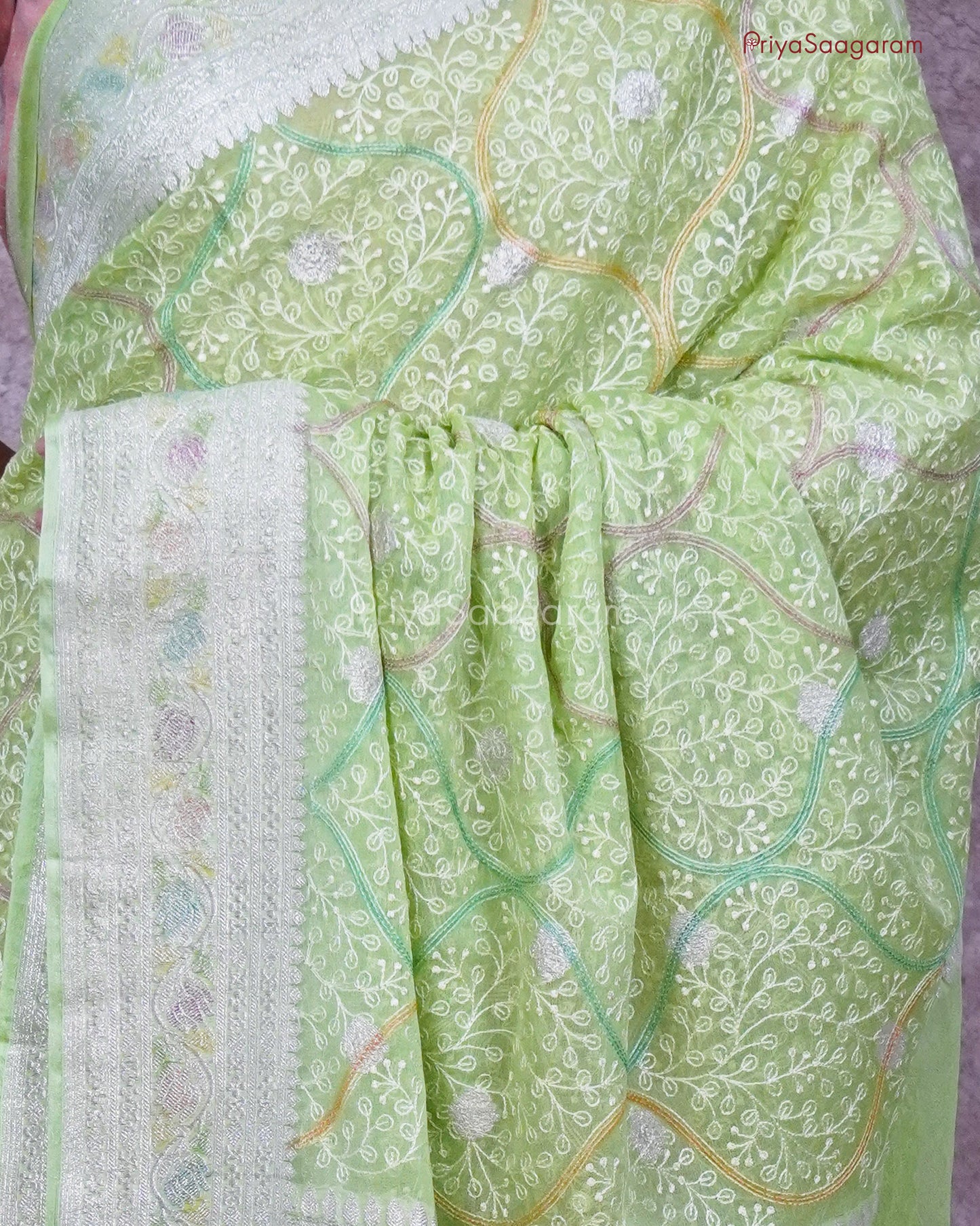 Green Embroidered Chiffon Georgette - PC3078