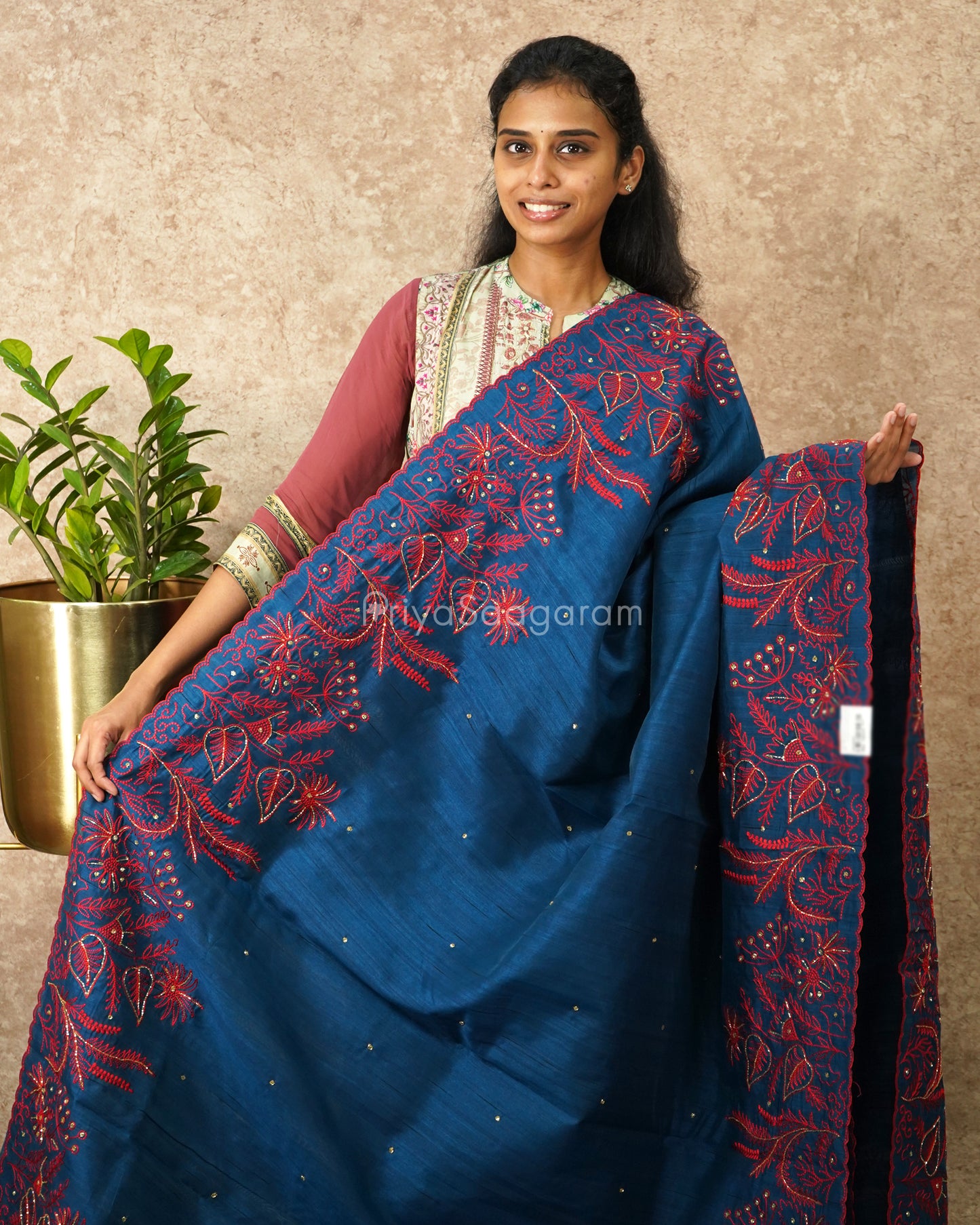 Blue with Red Embroidery Tussar - PD4633